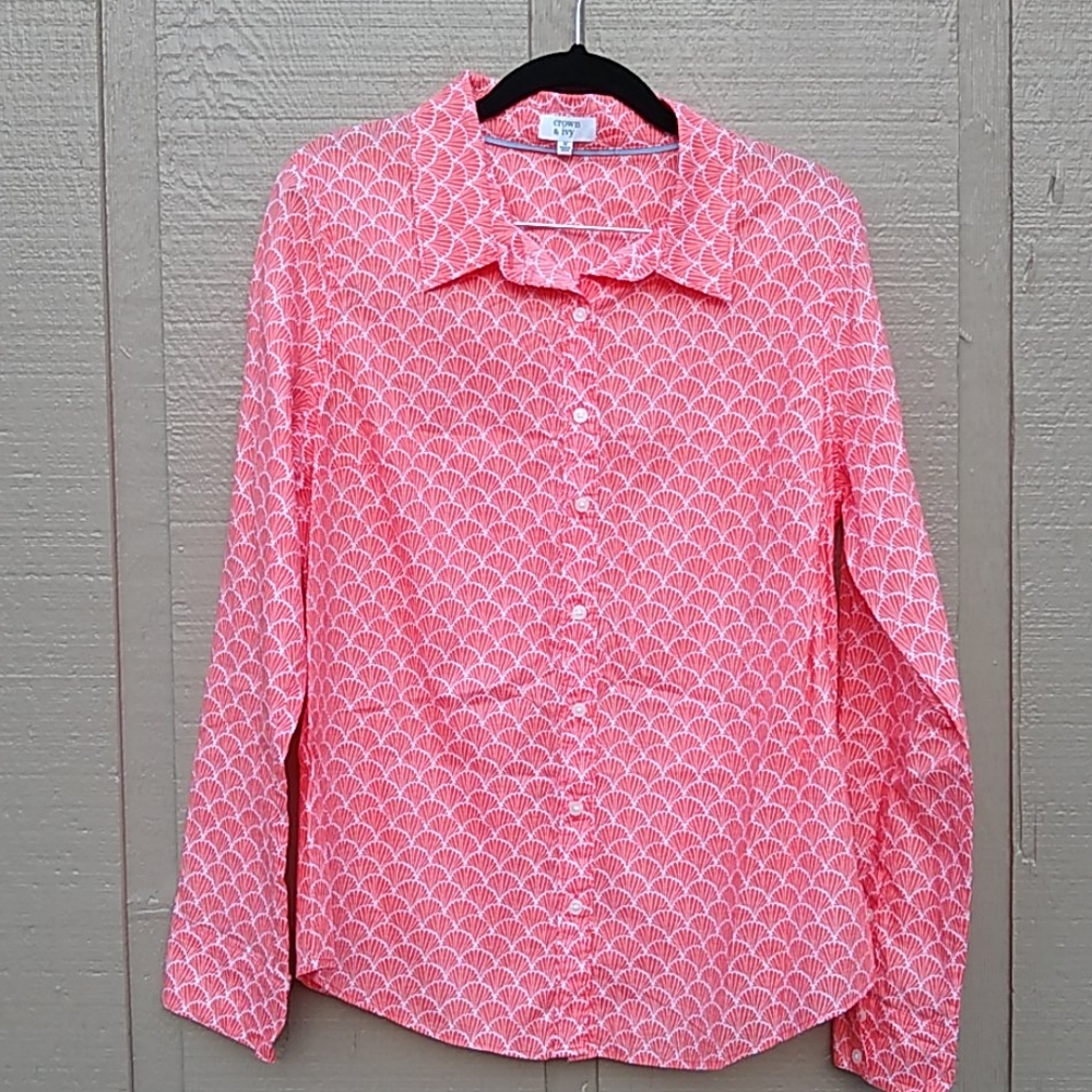 Crown & Ivy Button Down Blouse Orange & white, M